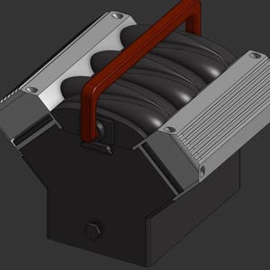 May include: A black and silver tool with a red handle. The tool has a series of black rollers and a handle that can be used to adjust the rollers.