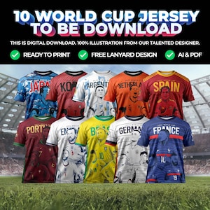 May include: Ten digital designs of soccer jerseys featuring the national team logos and players from Argentina, Brazil, England, France, Germany, Japan, Korea, Netherlands, Portugal, and Spain. The jerseys are displayed on a green grassy field in front of a stadium.