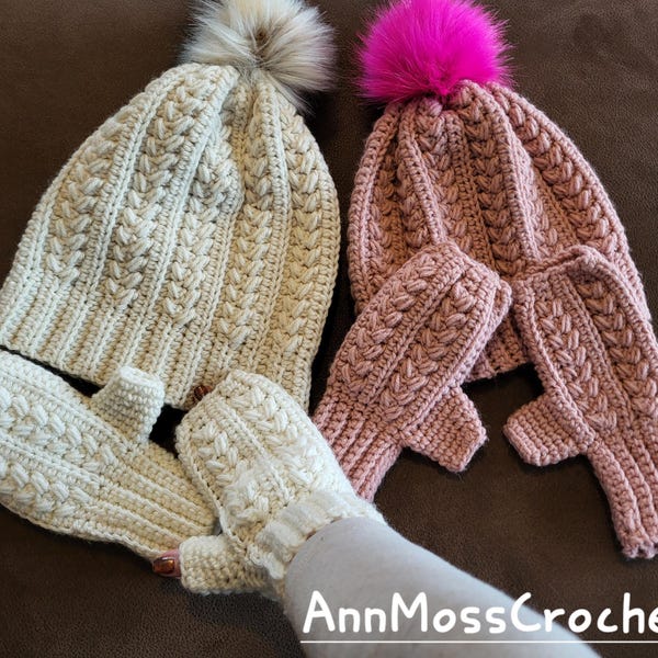 Conjunto de gorro y guantes sin dedos con punto de trigo