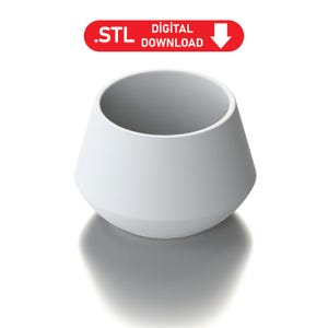 May include: A white ceramic planter with a wide, rounded base and a slightly flared top. The planter is designed to hold a small plant or succulent.