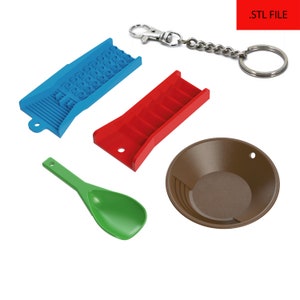 Fichier stl modèle 1 et modèle 2 de porte-clés écluse d'extraction d'or | Fichier STL modèle 3D porte-clés pan doré | Fichier stl de porte-clés de pelle minière