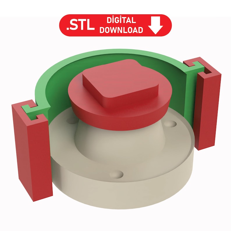 May include: A 3D printable model of a part with a red square on top, a green ring around it, and two red side pieces. The image includes the text '.STL DIGITAL DOWNLOAD'.
