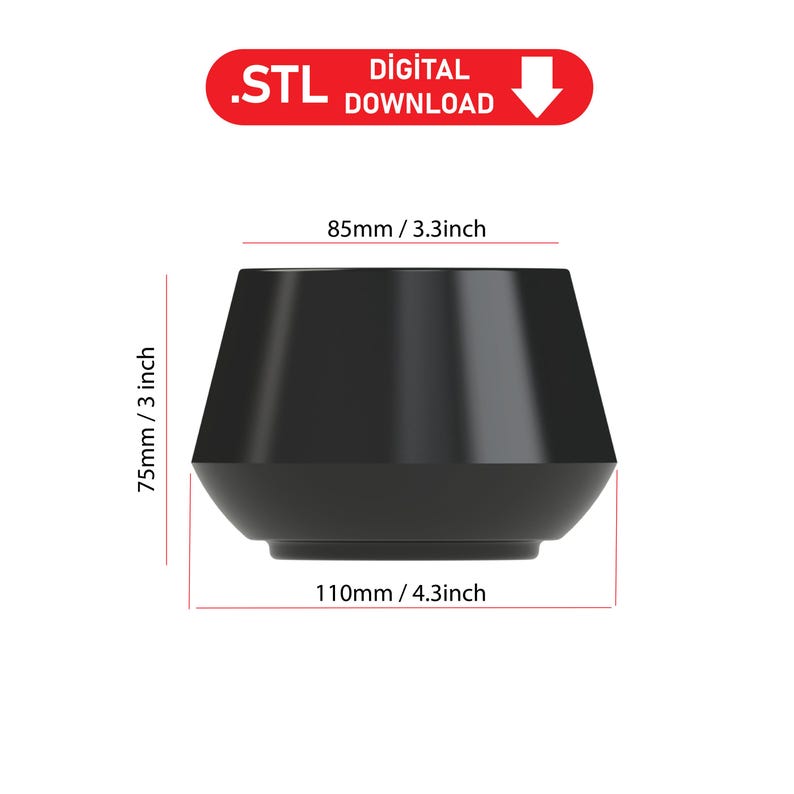 May include: Black 3D printable model of a round, slightly conical cup. The cup is 3.3 inches wide and 3 inches tall. The digital download is available in STL format.