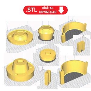 May include: A set of six 3D printed yellow plastic parts. The parts are designed for a 3D printer and are available for digital download as an STL file.