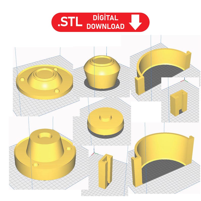 May include: A set of six 3D printed yellow plastic parts. The parts are designed for a 3D printer and are available for digital download as an STL file.