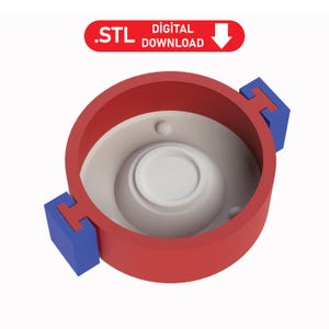 May include: A red and blue 3D printed mold for making a small bowl. The mold is open and the inside is visible. The mold is designed to be printed in two parts and assembled together. The text on the image reads '.STL DIGITAL DOWNLOAD'.