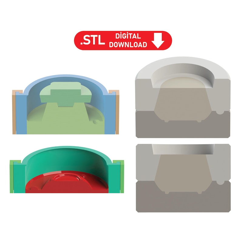 May include: A digital download of a 3D printable mold for a decorative object. The mold is shown in two stages of construction, with the first stage showing the mold in blue and green, and the second stage showing the mold in gray. The mold is designed to create a decorative object with a rounded top and a flat base.