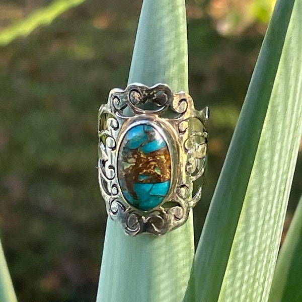 Mexico Scroll Ring Sterling Turquoise or Chrysocolla Brown Matrix Stone Ornate