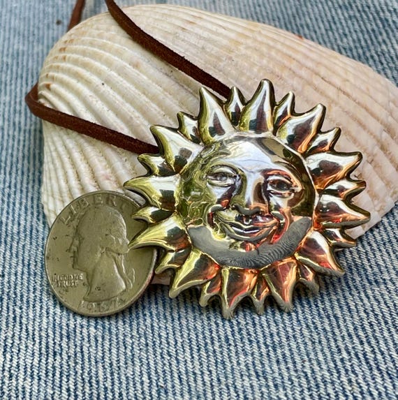 Mr Golden Sun Smiling Sterling Silver Face Pendant Taxco Necklace Brooch