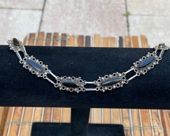 Black Onyx Filigree Mexico Bracelet Slide Clasp A… - image 1