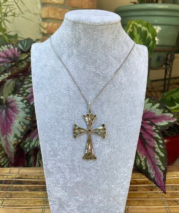 Iridescent Taxco Vintage Cross 2.25" Pendant Abal… - image 2