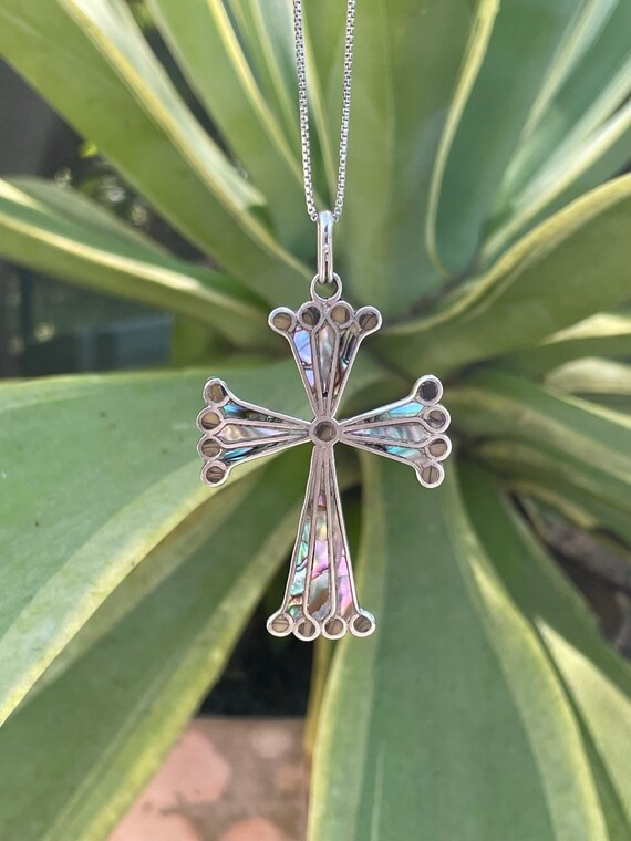 Iridescent Taxco Vintage Cross 2.25" Pendant Abal… - image 5