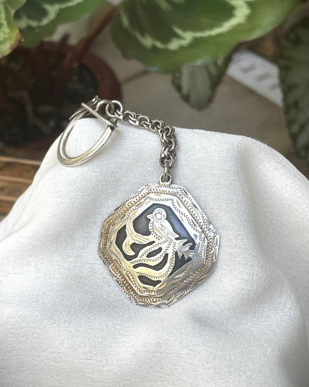 Vintage Resplendent Quetzal Key Chain Ring Guatemala Sterling Silver