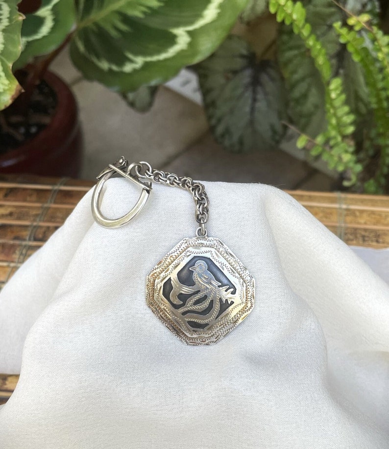 Vintage Resplendent Quetzal Key Chain Ring Guatemala Sterling Silver