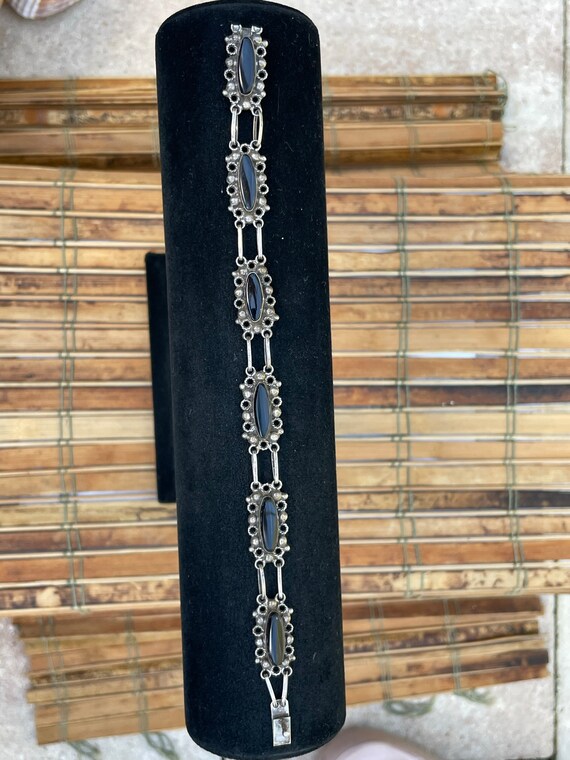 Black Onyx Filigree Mexico Bracelet Slide Clasp A… - image 6