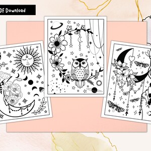 10 Floral Moon Printable Coloring Pages, Beautiful Coloring, Floral Coloring Pages, Coloring Page PDF, Adult Coloring Pages, Flower Coloring