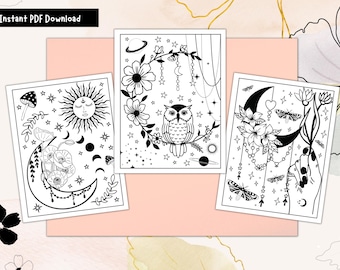 10 Pages de coloriage imprimables Floral Moon, Belle coloration, Pages de coloriage florales, Page de coloriage PDF, Pages de coloriage pour adultes, Coloriage de fleurs