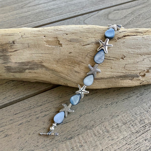Gray pearl teardrop &  silver starfish bracelet; beach ready