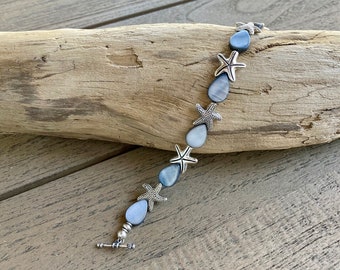 Gray pearl teardrop &  silver starfish bracelet; beach ready