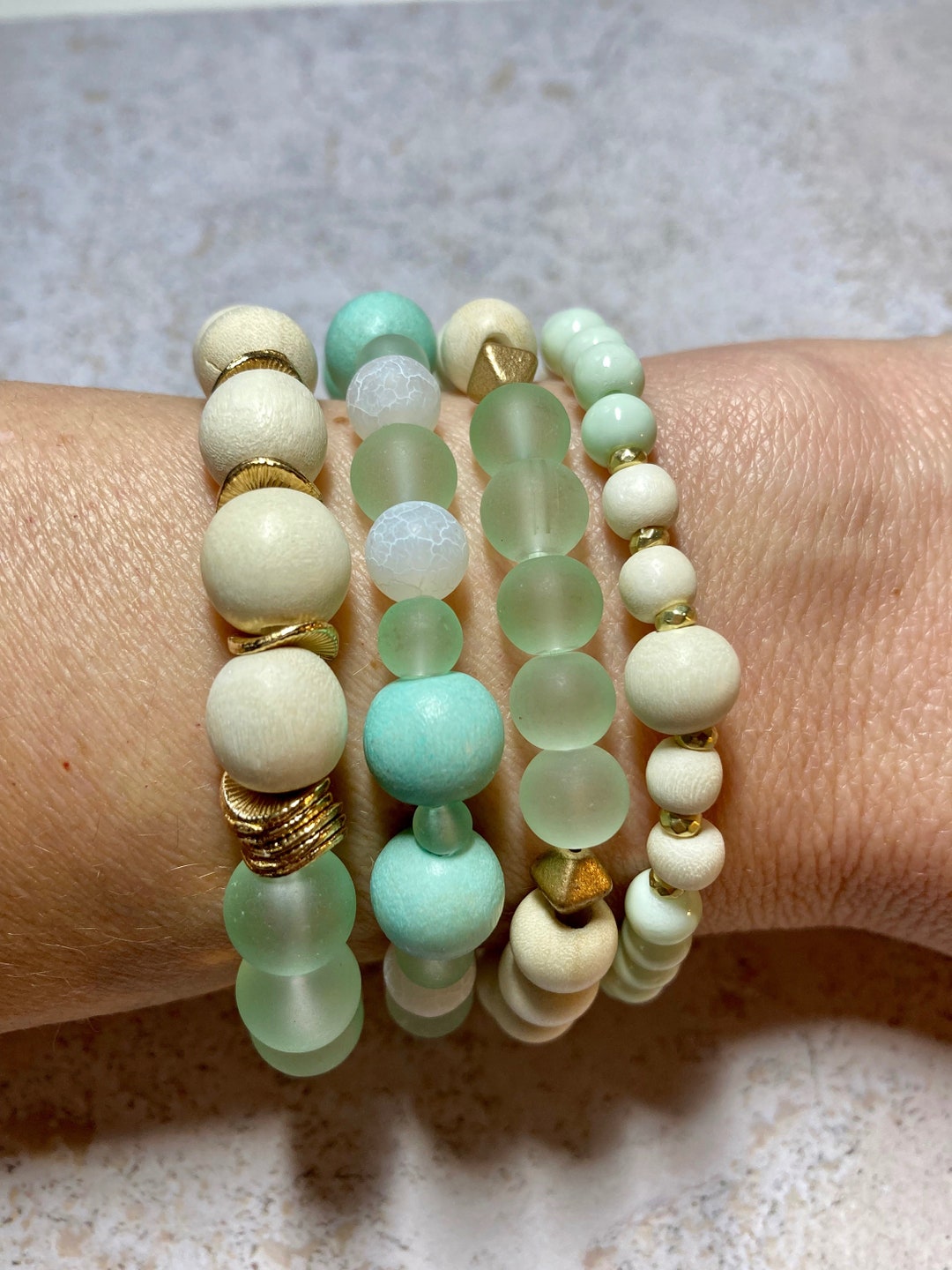 Sea Foam / Mint Green Glass & Wood Bracelet Stack Etsy