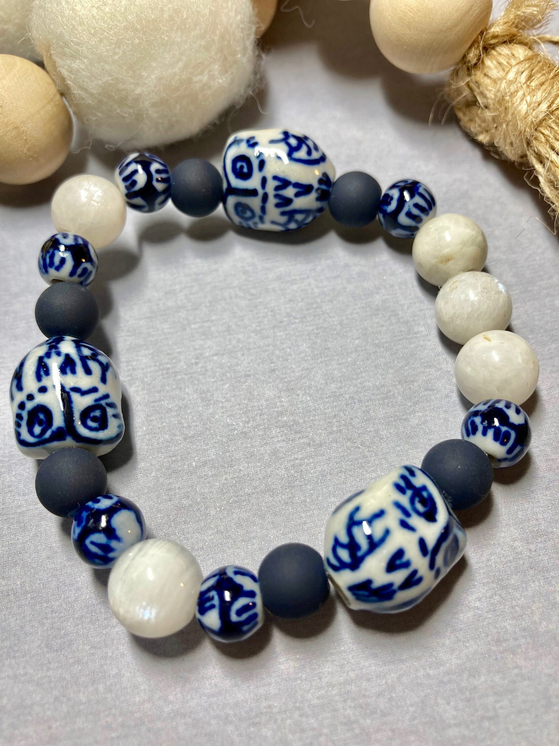 Blue & white ceramic owl bracelet