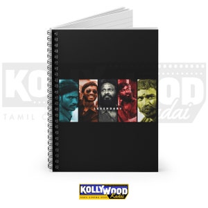 Puede incluir: Cuaderno negro de espiral con un collage de cinco caras de hombres. Las caras están en blanco y negro con fondos de colores. El texto "LEGENDARY" está impreso en blanco debajo de las caras.