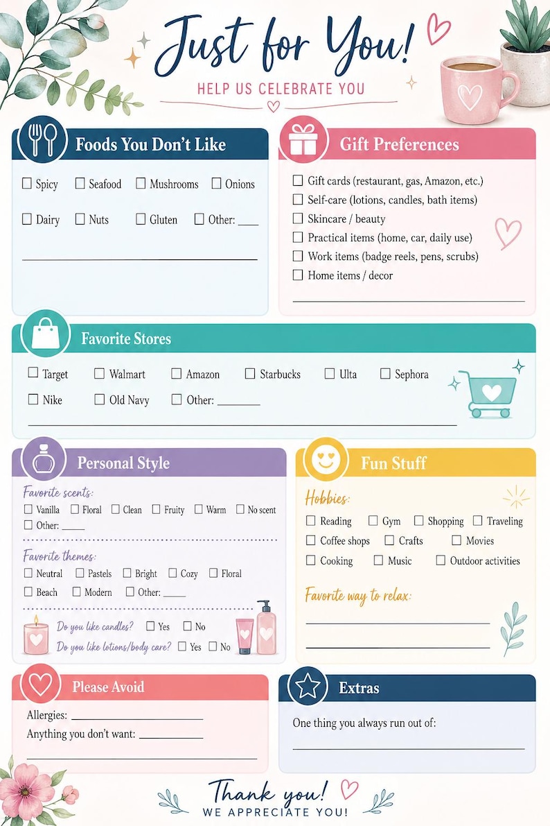 Work Preference Form Coworker Favorites Survey Printable | Employee Gift Preference Form ...