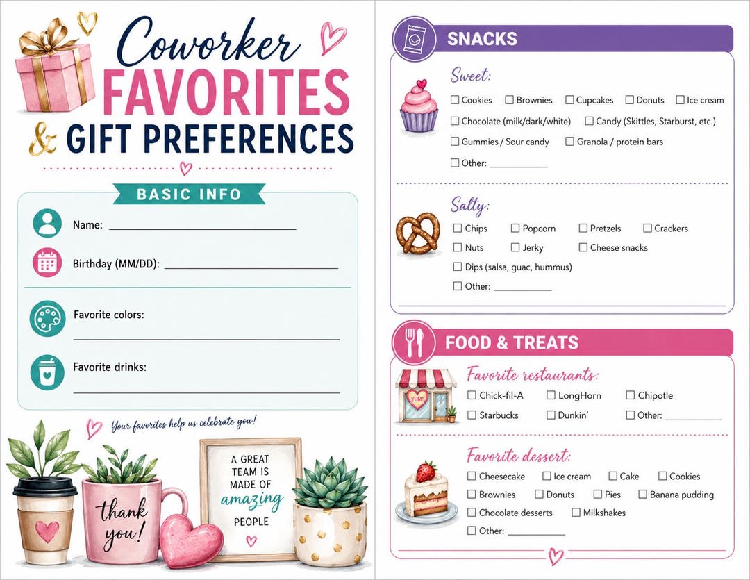 Employee Gift Questionnaire.pdf Coworker Favorites Survey Printable | Employee Gift Preference Form ...