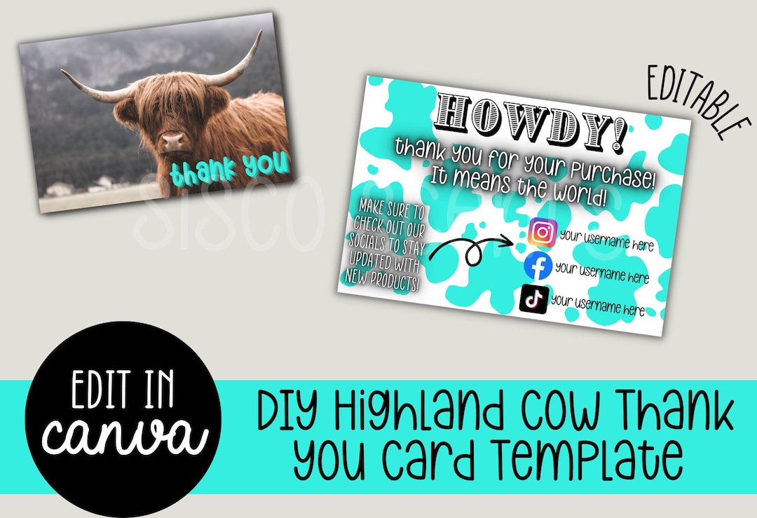 DIY Highland Cow Thank You Cards, Edit in Canva, Highland Cow, Small