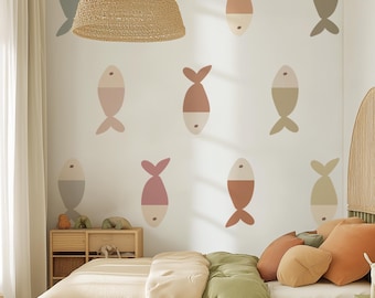 Boho Fish Wall Decals | 10 Pastel Ocean Fish Stickers 12&quot;x5&quot; | Coastal Nursery Decor, Kids Bathroom Art, Removable Nautical Decor