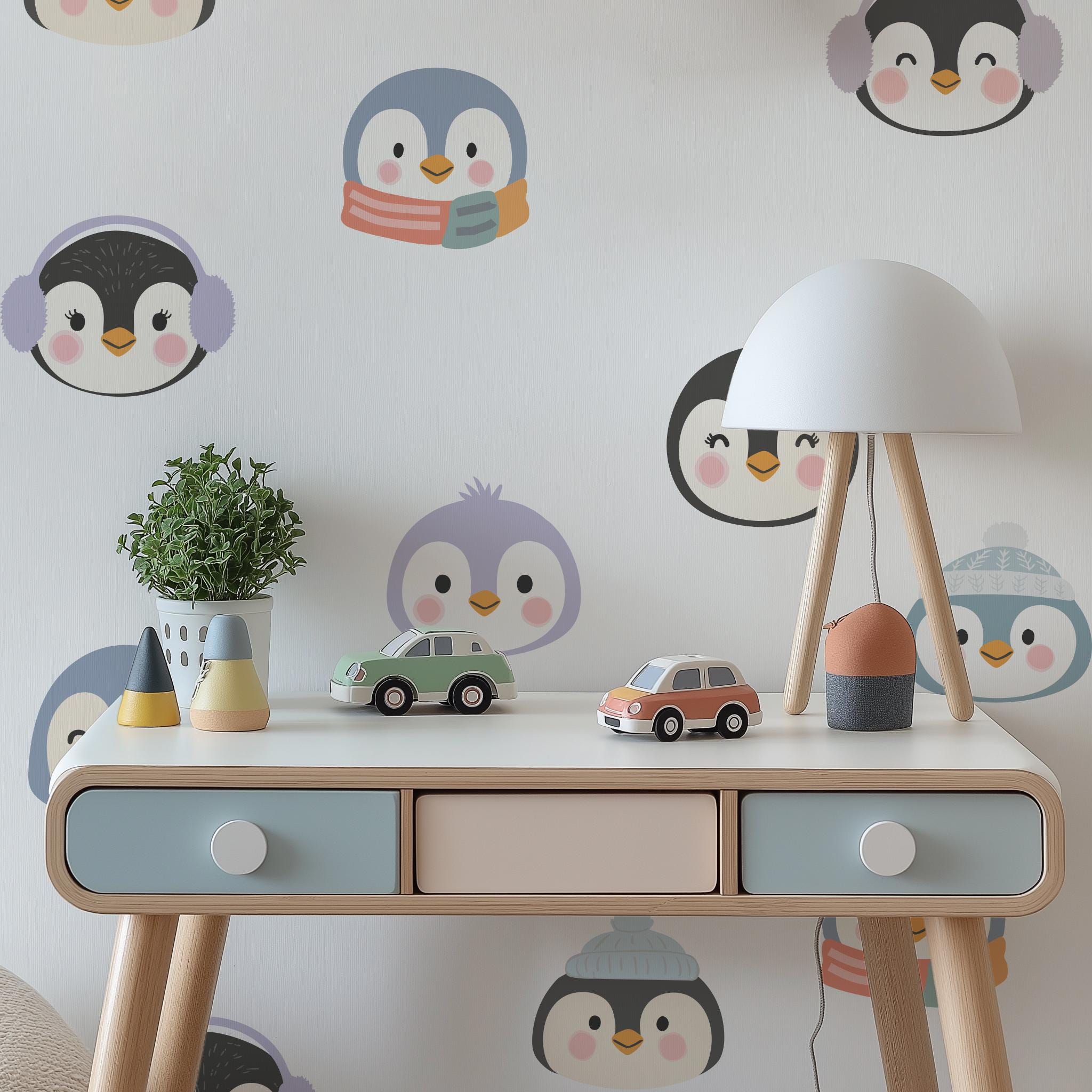 Crayon Penguins Wall Decals | Cute Penguin Stickers | Nursery Kids Room Art | Boho Farmhouse Removable Vinyl | Winter Whimsical | PeelnStick