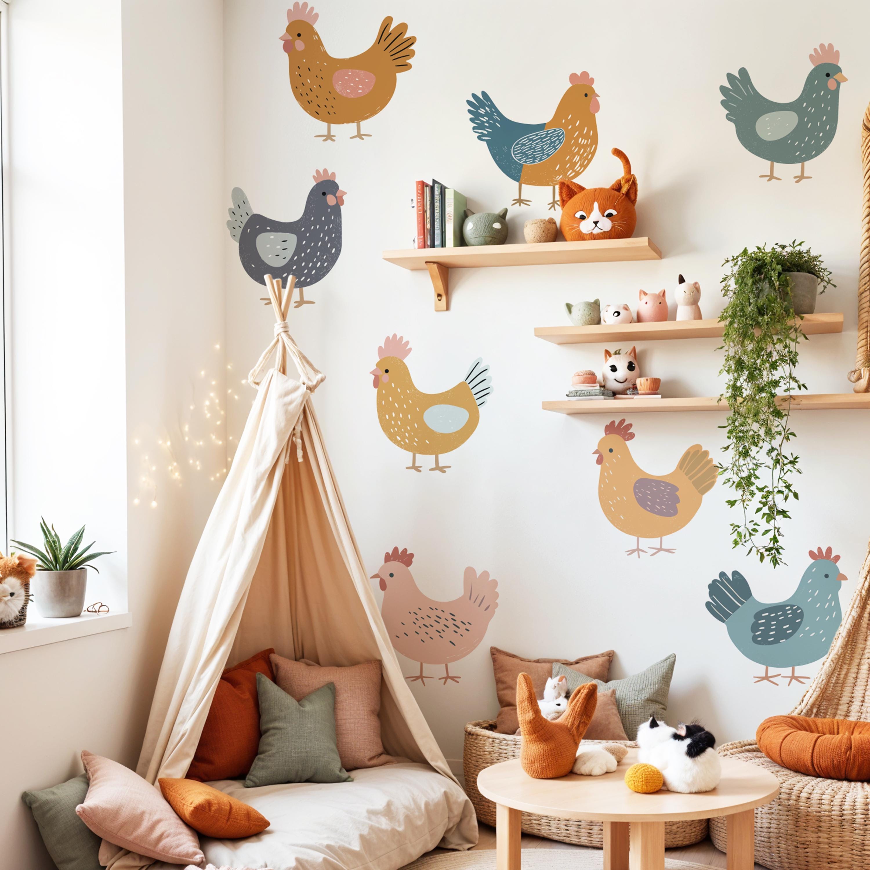 Boho Chicken Wall Decals | Farmhouse Style Nursery Stickers, Set of 8 Colorful Chickens 12"x11" | Removable Kids Room Decor | Farm Animals