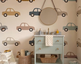 Boho Car Wall Decals | 8 Vintage Car Stickers, Neutral Earth Tones 14"x7" | Playroom Decor, Transportation Nursery Art, Removable Vinyl