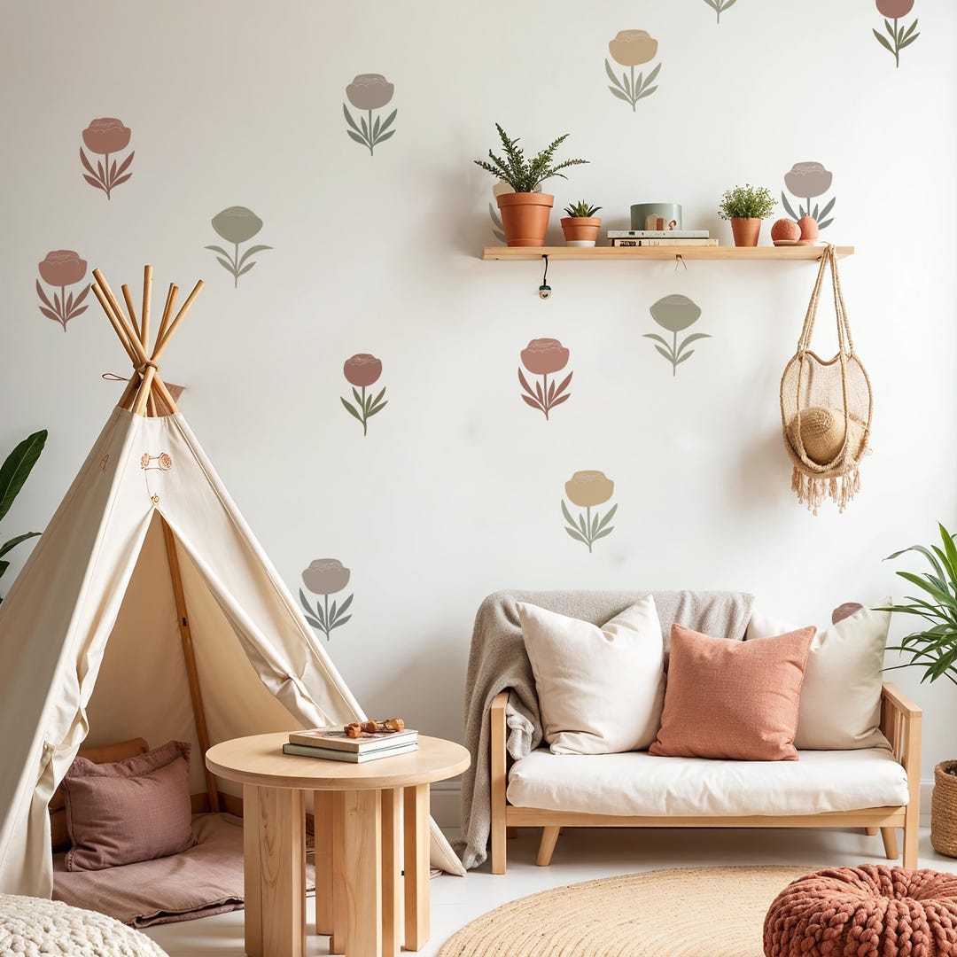 Boho Flower Wall Decals | Earthy Nursery Decor, Set of 20 - Etsy