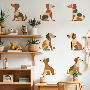 Boho Dog Wall Decals | Set of 8, 12&quot;x12&quot; Puppy Stickers for Nursery, Kids Room Decor, Playroom Decor, Earth Tone Dog Decal Set