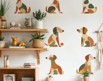 Boho Dog Wall Decals | Set of 8, 12&quot;x12&quot; Puppy Stickers for Nursery, Kids Room Decor, Playroom Decor, Earth Tone Dog Decal Set
