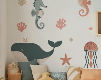 Boho Sea Life Wall Decals | Ocean Animals Stickers Whales Seahorse Coral, Nursery Underwater Decor, Removable Marine Kids Room Wall Art Set