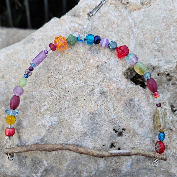 Hummingbird canary/ finch/ bird swing colorful glass beads &  natural willow wood perch.