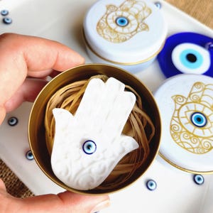 Hamsa Hand Soap, Evil Eye,  Spiritual Cleansing, Baptism, Soap Eye Shaped, Evil Eye Tin Set for Guests in Bulk