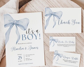 May include: It's a boy! Baby shower invitation with blue watercolor bow and text. The invitation includes the date, time, and location of the event. It also includes the names of the parents-to-be, Amelia and James, and information about where they are registered.
