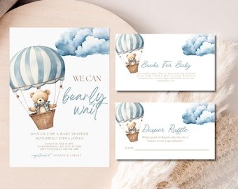 May include: A baby shower invitation with a blue and white hot air balloon with a teddy bear in the basket. The invitation says "We can barely wait" and includes details for the shower. There are also two cards for a book and diaper raffle.