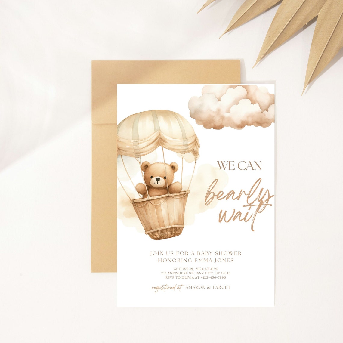 Editable Brown Bear Balloon Baby Shower Invitation, We Can Bearly Wait ...
