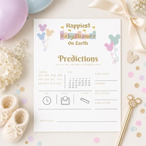 May include: A baby shower prediction card with the text "Happiest Baby Shower On Earth" and "Predictions". The card features Mickey Mouse balloon graphics in pastel colors and spaces to fill in baby's details.