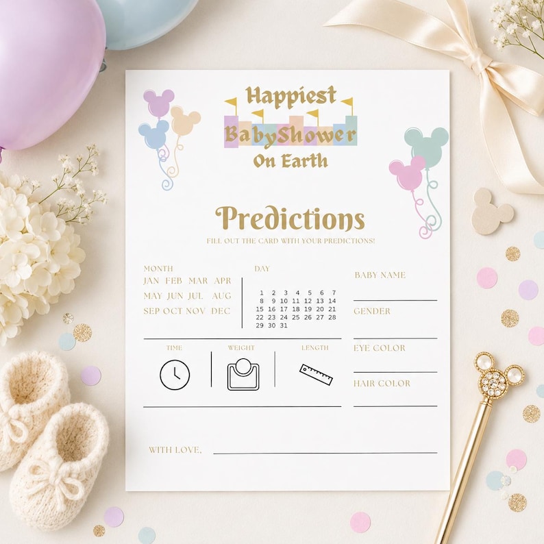May include: A baby shower prediction card with the text "Happiest Baby Shower On Earth" and "Predictions". The card features Mickey Mouse balloon graphics in pastel colors and spaces to fill in baby's details.
