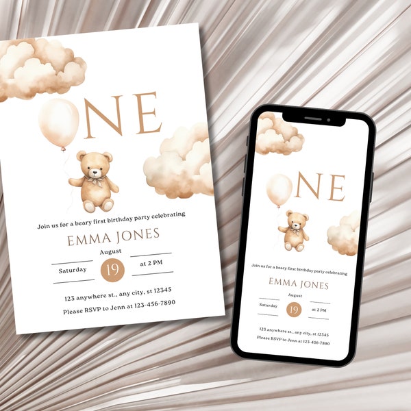 Editable Bear First Birthday Invitation, Printable Template, Instant Download, Bear Theme Party, DIY Editable Invitation, Canva