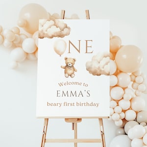 Willkommensschild zum ersten Geburtstag mit Bärenmotiv | Digitaler Download | Anpassbar auf Canva