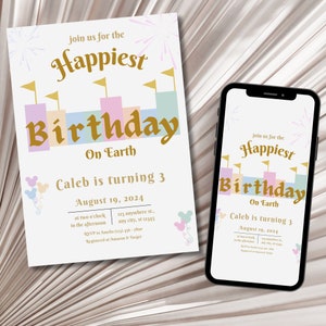 Disneyland Themed Birthday Invitation - Happiest Birthday On Earth - Digital Editable Canva Template