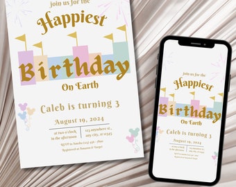 Disneyland Themed Birthday Invitation - Happiest Birthday On Earth - Digital Editable Canva Template