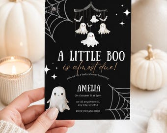 Se acerca el nacimiento de un pequeño fantasma: plantilla editable para invitación a baby shower de Halloween / Descarga digital en Canva