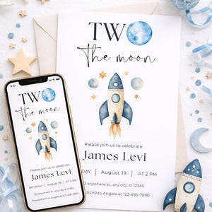 Two The Moon 2nd Birthday Invitation - Space Themed Digital Download - Editable Canva Template